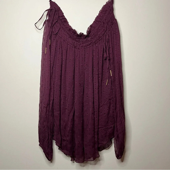 ANTHRO RAHI CALI Off Shoulder Clip Dot Sheer Gold Ties Longsleeve Blouse Top - Picture 7 of 11